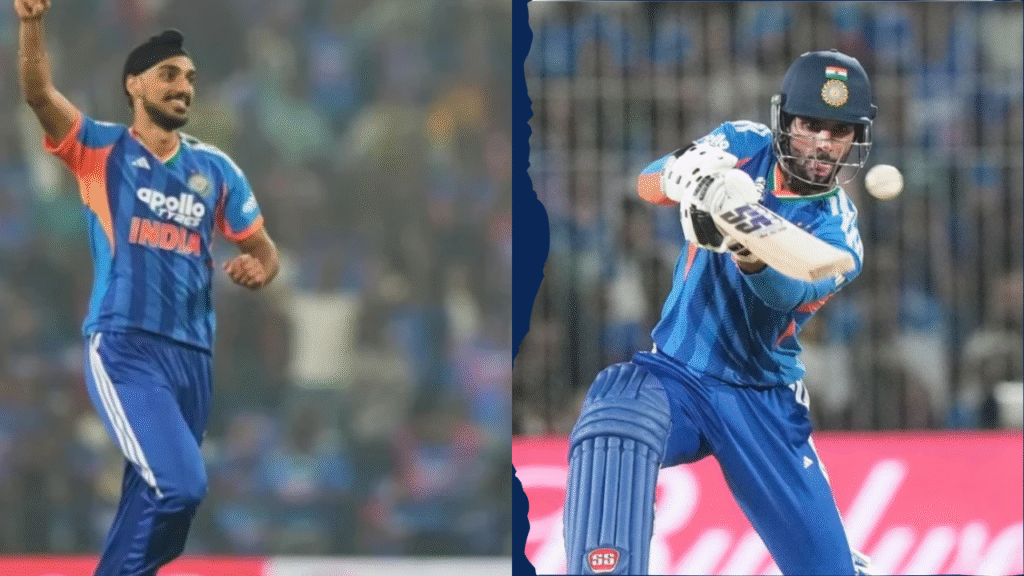 Indian cricket players in blue uniforms during a match—on the left, a bowler raises his arm in celebration while running; on the right, a batsman wearing a helmet and pads plays a shot, focusing on the ball as it approaches his bat, with a blurred stadium crowd in the background.