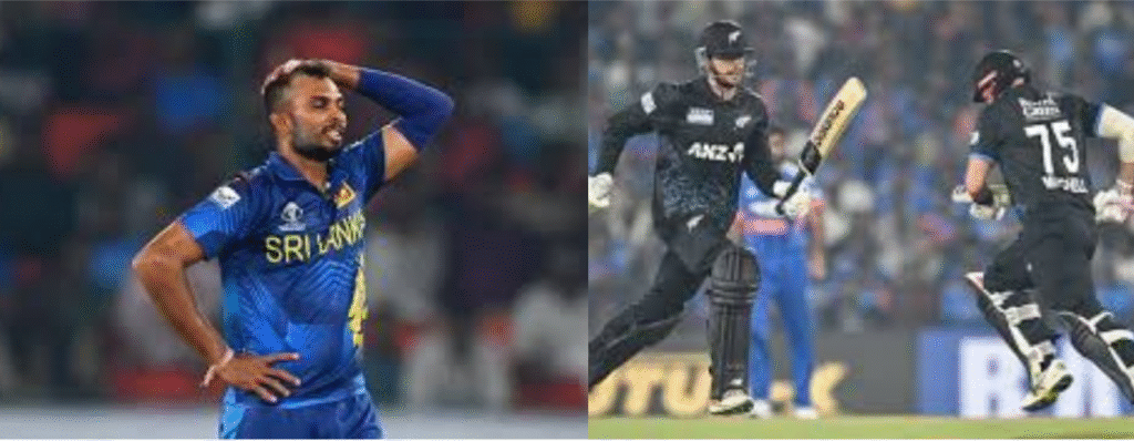 Mitchell Santner and Rachin Ravindra celebrate after leading New Zealand to a thrilling 12-run victory over Sri Lanka in a T20 World Cup match.