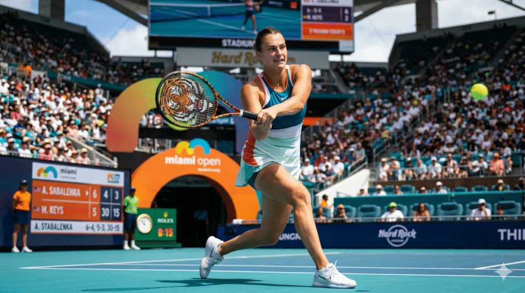 Aryna Sabalenka Into Miami QF After Racquet Change Aryna Sabalenka hitting a powerful forehand during her Miami Open 2026 quarterfinal run