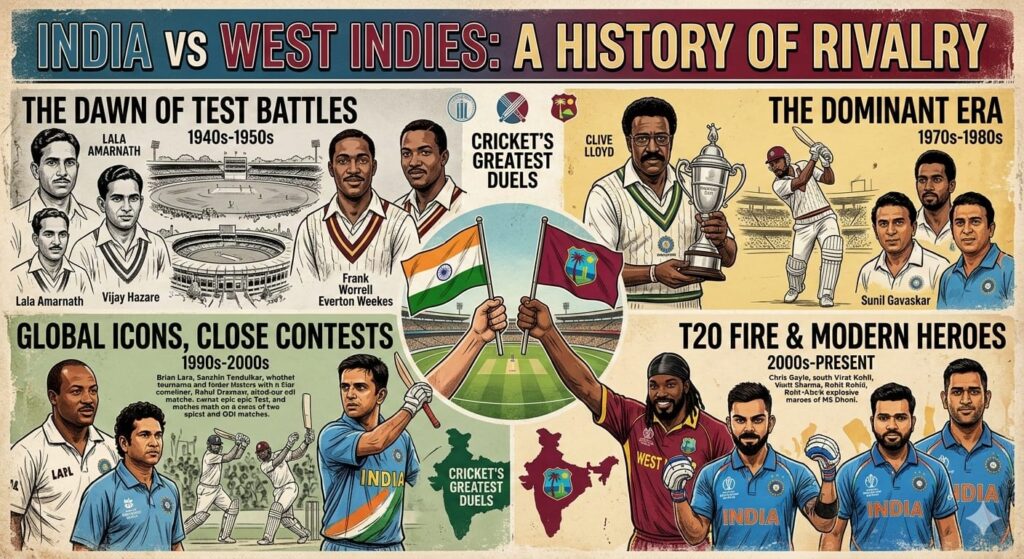 India vs West Indies T20 rivalry, highlighting 30 matches played, India leading 19–10 with 1 no result, win percentages, phase-wise dominance, World Cup head-to-head record, biggest victory margins, and home vs away performance comparison.